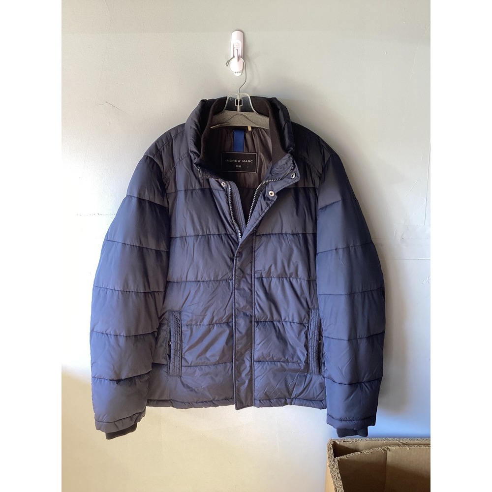 Andrew Marc Mens Navy Blue Quilted Puffer Jacket Stand Collar Size Medium
